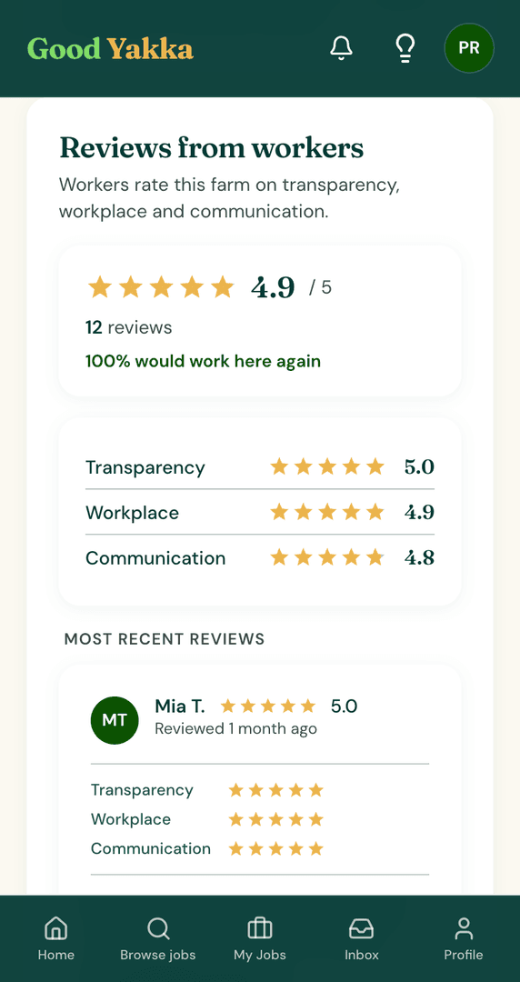 Screenshot of a farm profile page, showing worker reviews