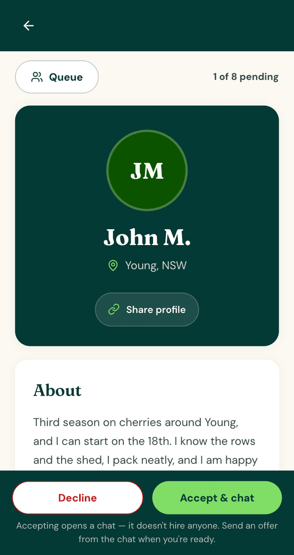 Screenshot of a worker's profile in the applicant review deck